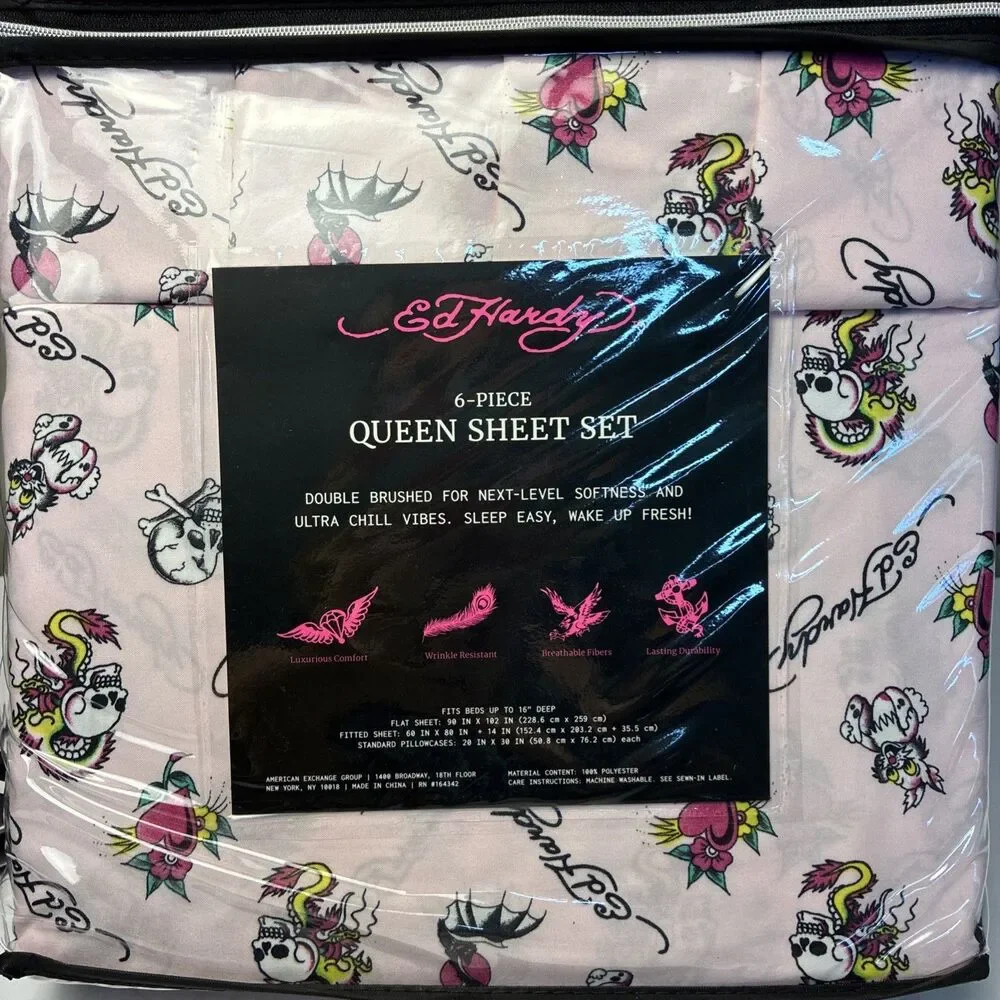 ED HARDY Queen Pink Sheet Set 6pc New Flowers Skull Roses Heart Grunge Y2K